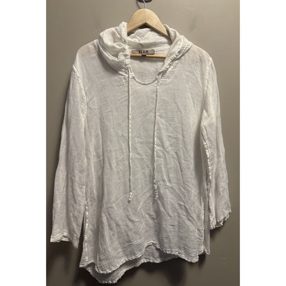 FLAX Handkerchief Linen Hooded Tunic Creamy White Pullover Size Medium